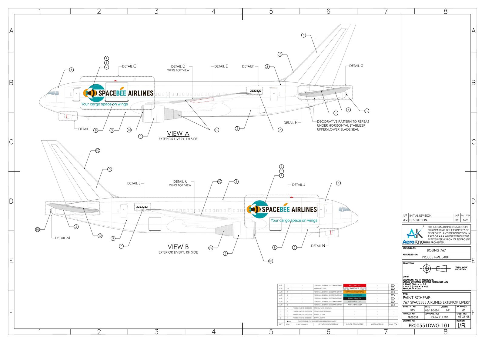 Exterior livery paint scheme — Spacebee Airlines, Boeing 767