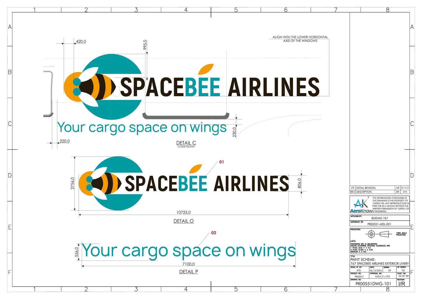 Exterior livery paint scheme — Spacebee Airlines, Boeing 767, details